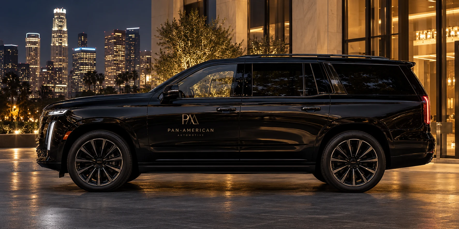 Luxury black SUV with conceptual PAA door branding